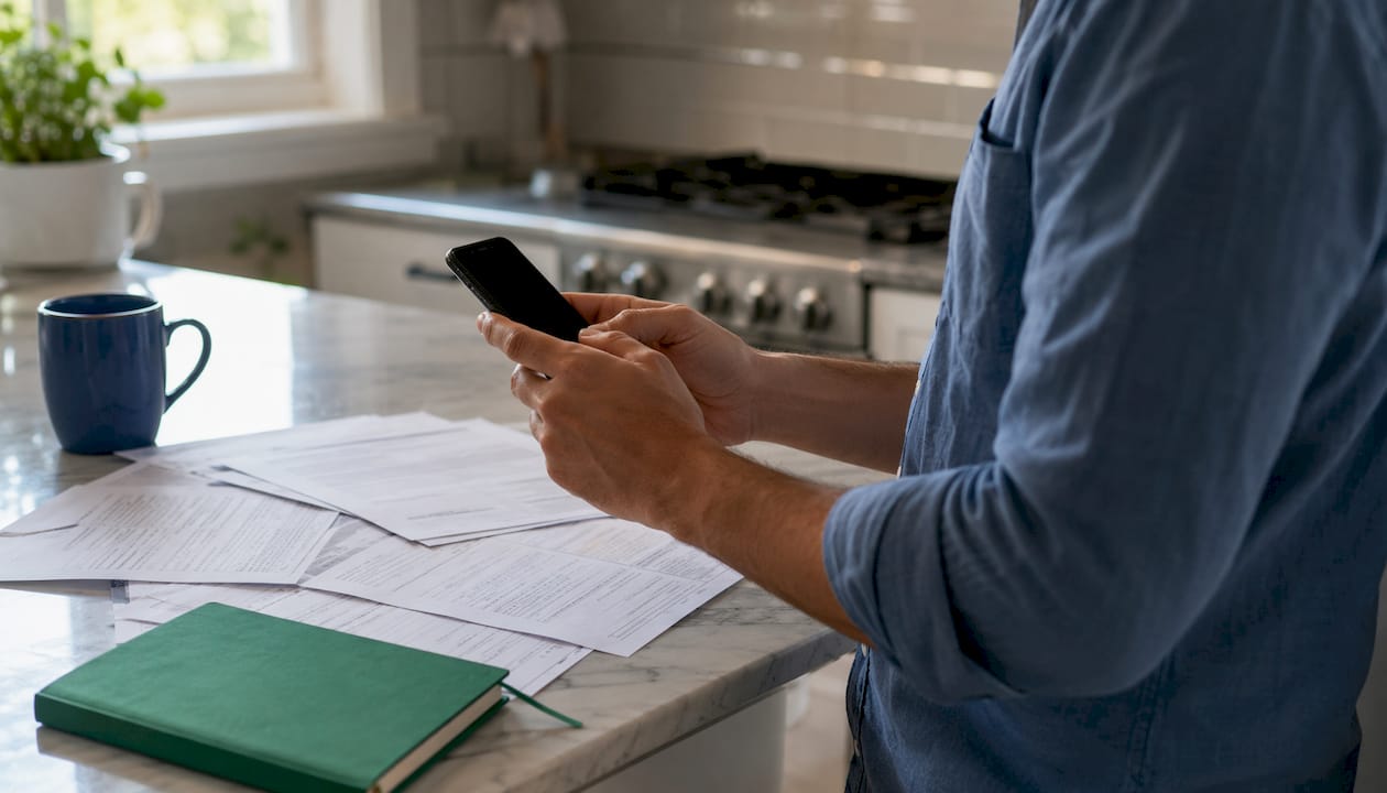 Close-up of father handling child's credit freeze on phone