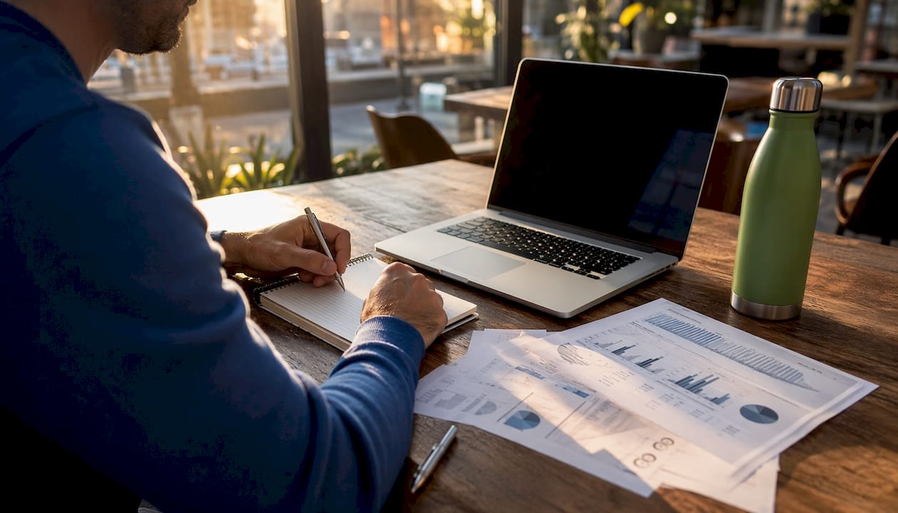 Hands typing on laptop with financial papers overhead view