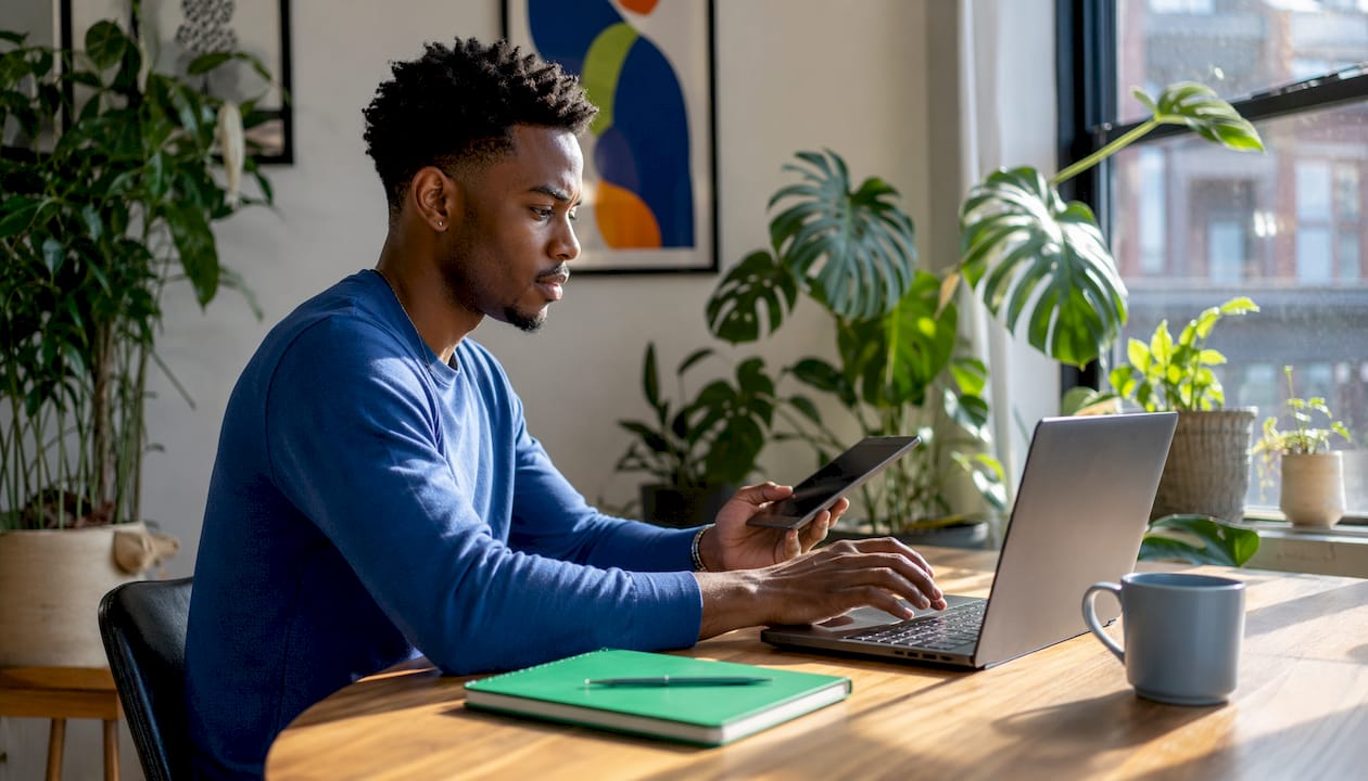 Man multitasking identity recovery on phone and computer