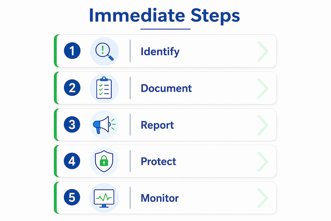 Infographic showing five steps to address tax identity fraud