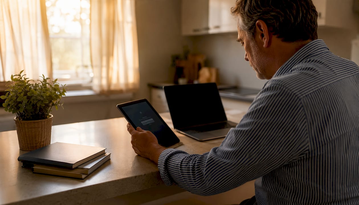 Father managing encrypted password notes with tablet