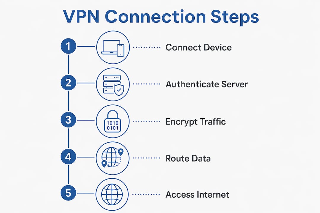Infographic showing VPN connection step-by-step process
