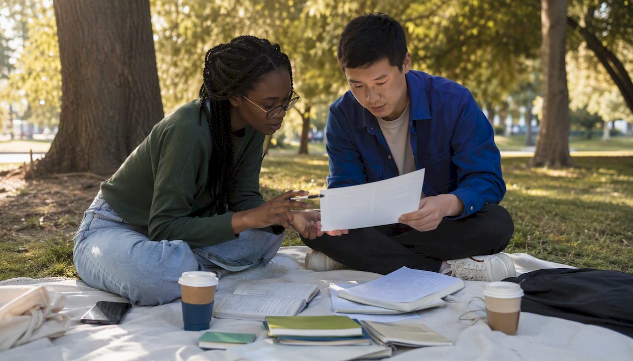 Two people researching data sources in café