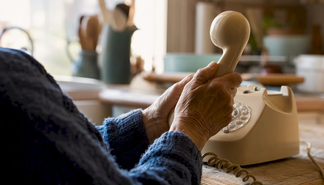 Elderly hands holding phone receiver