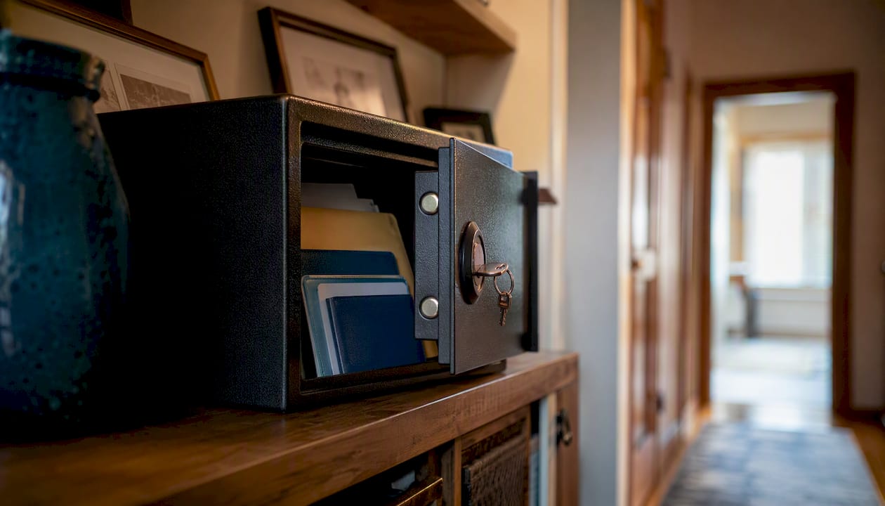 Locked fireproof box with family identity documents
