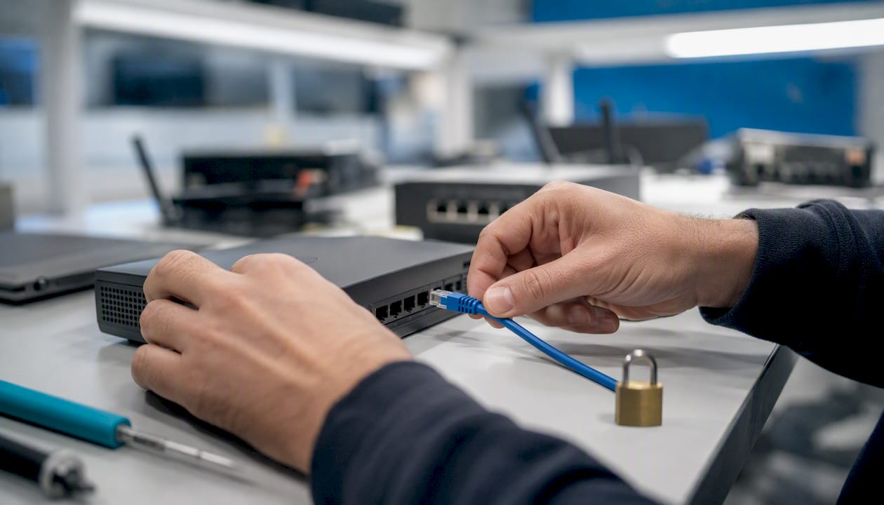 Hands disconnecting Ethernet cable from router