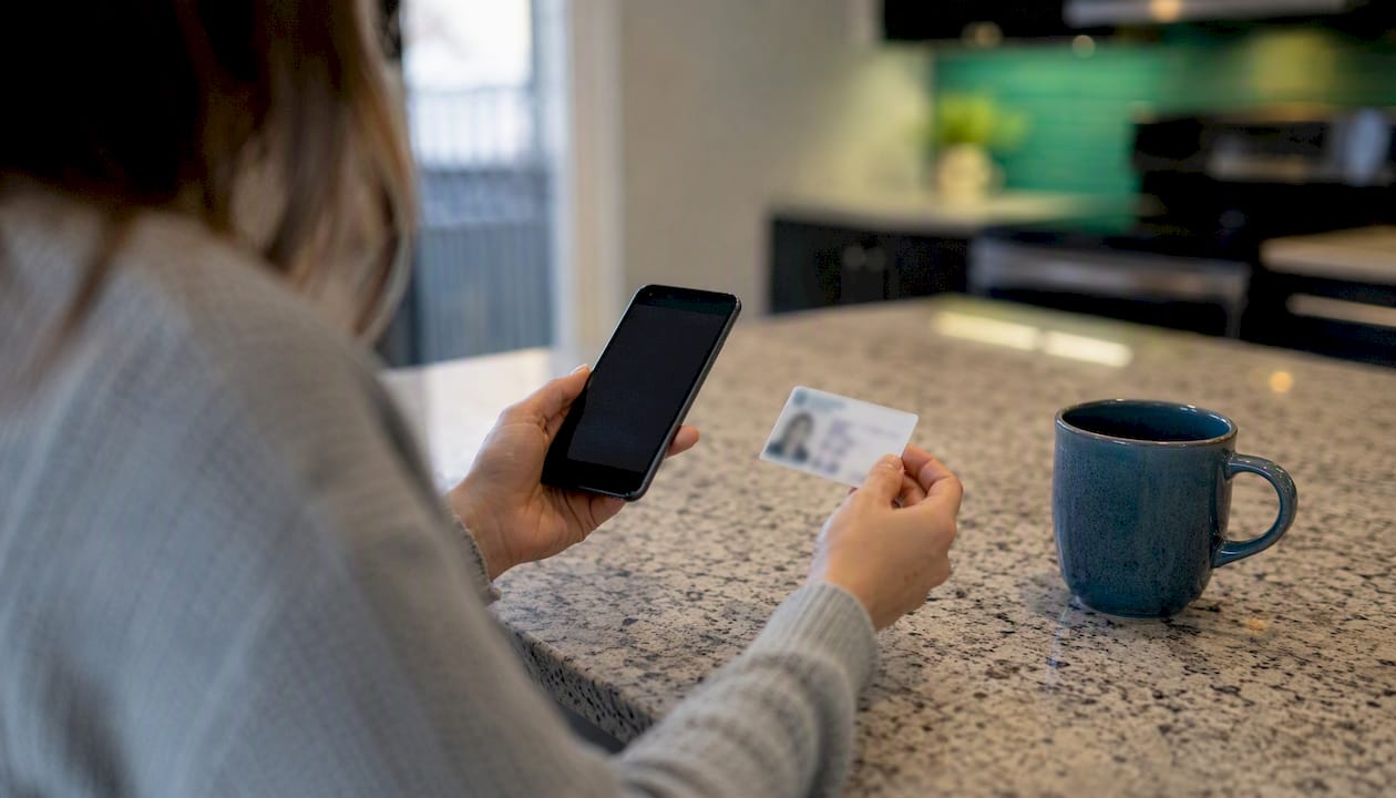 Hands verifying identity with ID and phone