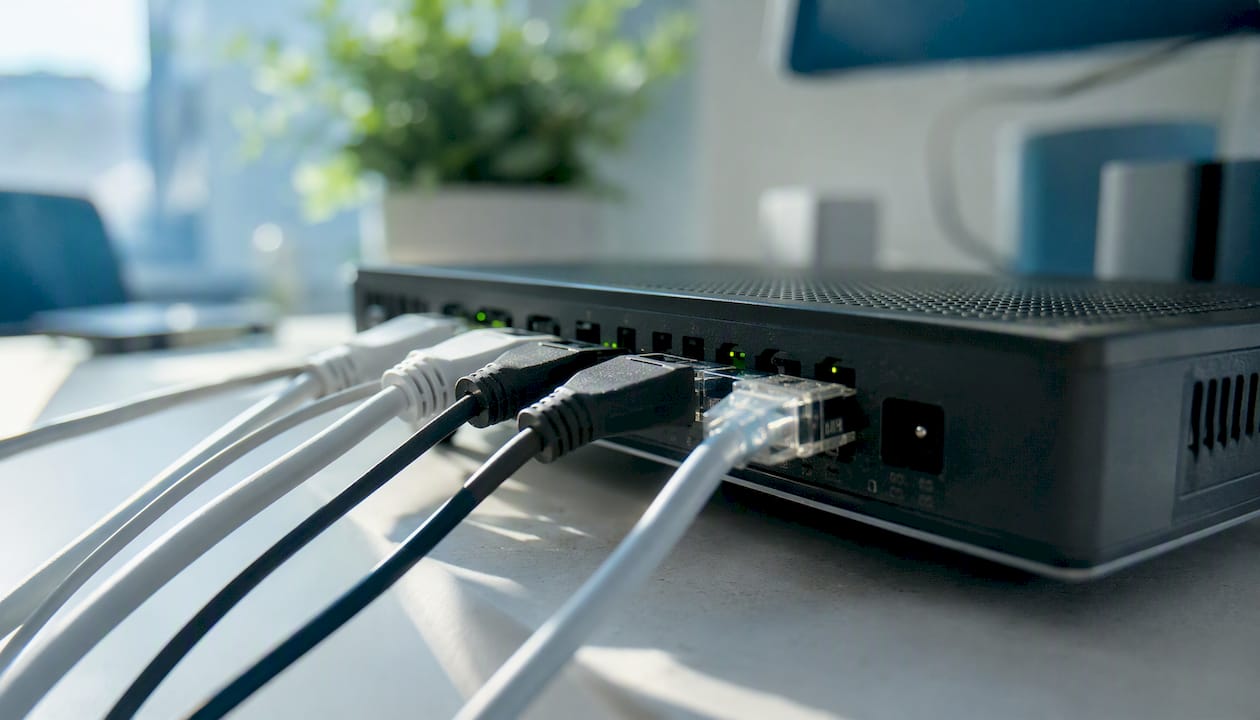 Close-up of router with network cables connected