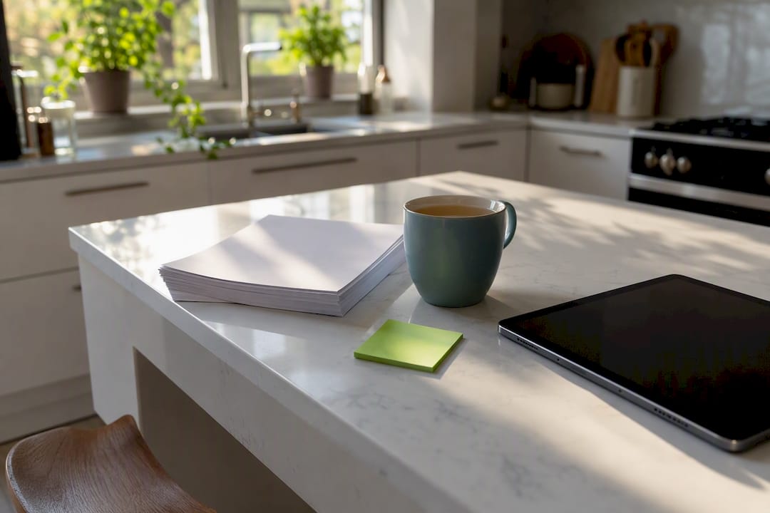 Home desk with privacy notes and laptop off